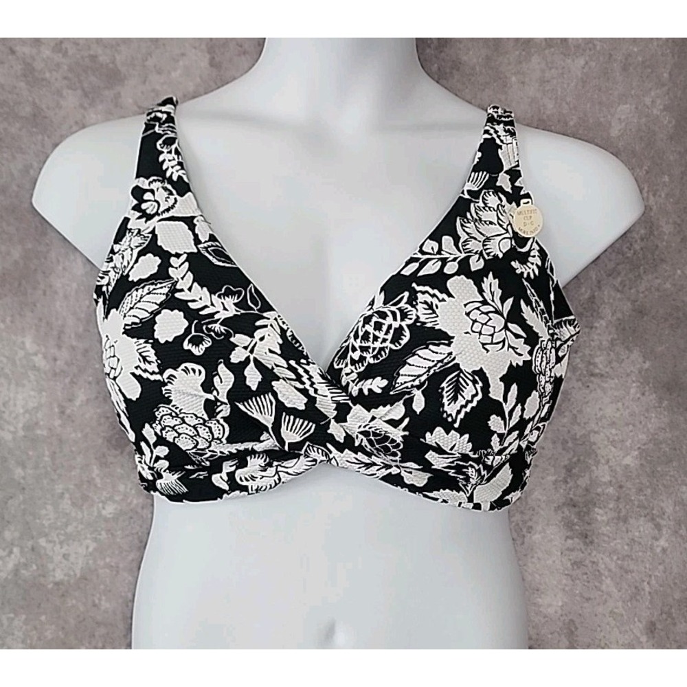 ArteSands Floral Bikini Top Cross Front Size 16 Black White Multi-fit Cup D-G‎